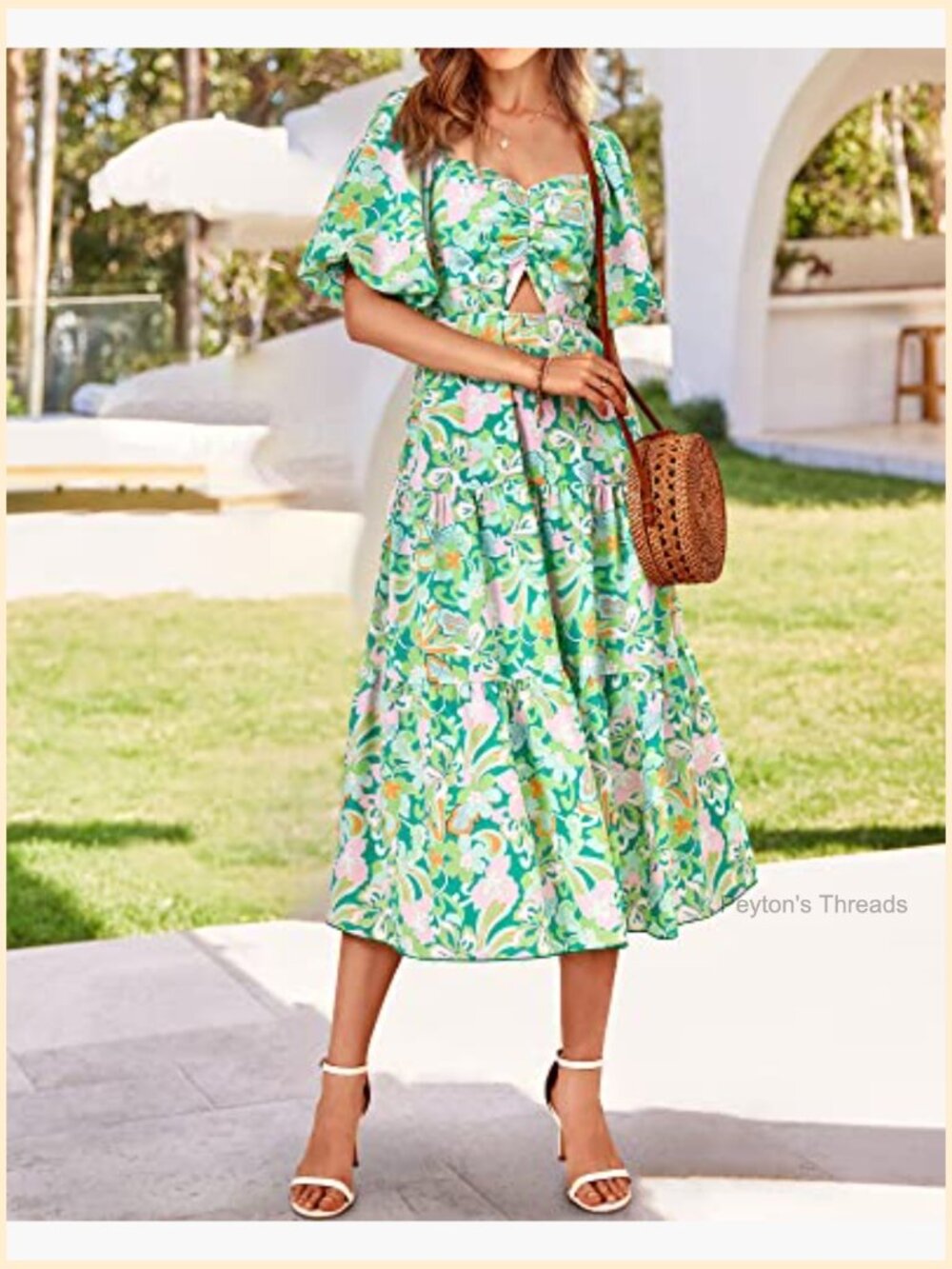 Summer Boho Floral Maxi Dress Square Neck Puff Sleeve Smocked - Picture 6 of 7